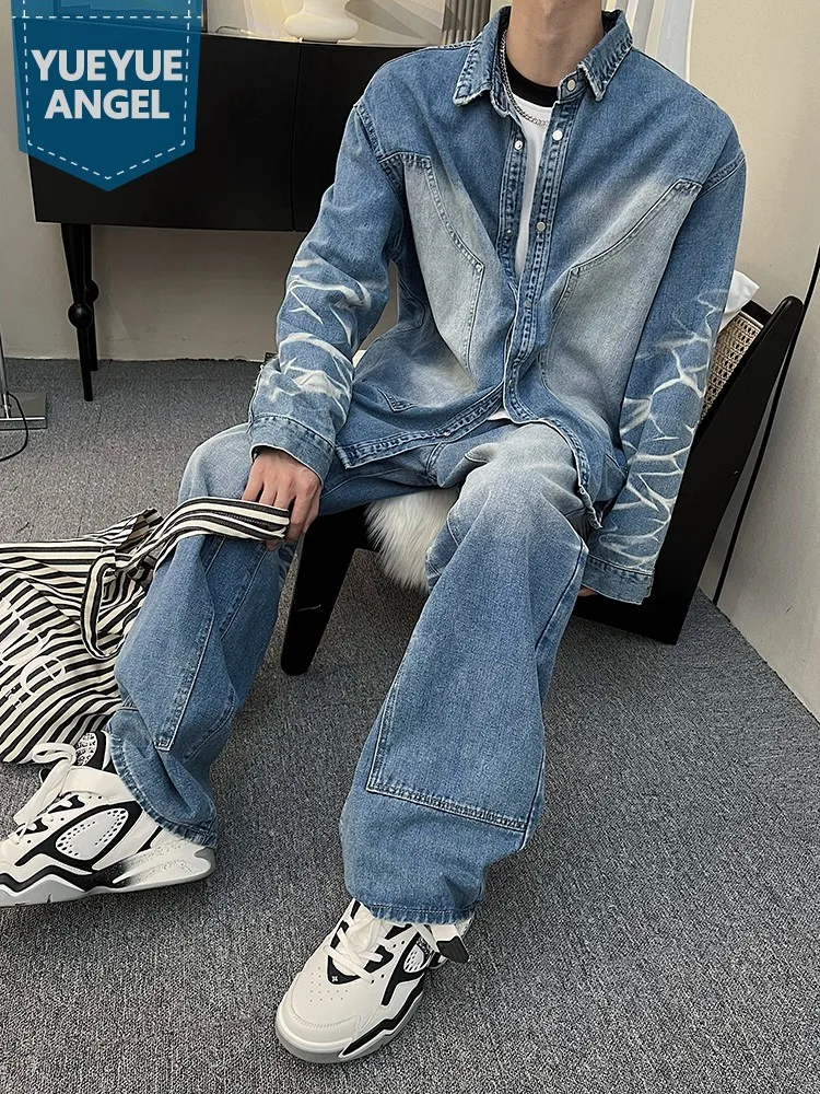 

Fashion Streetwear Vintage Mens Single Breasted Denim Shirt Straight Wide Leg Jeans Hip Hop Loose Fit Designer Men Two Piece Set