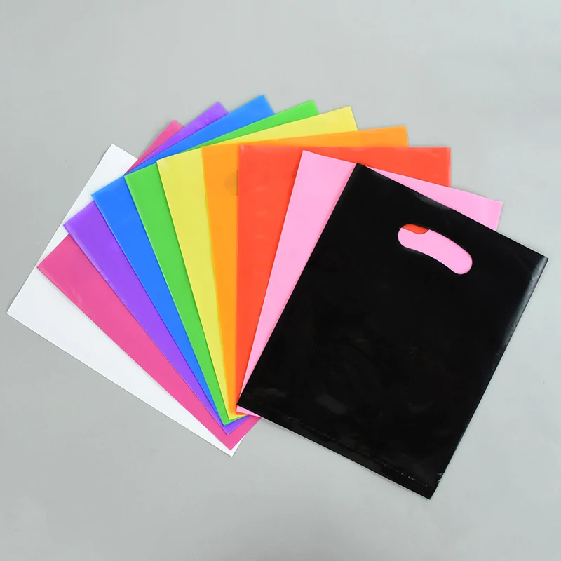 Bolsas de plástico Multicolor con asa para fiesta de cumpleaños, bolsas de favores, bolsas de negocios al por menor con asas, bolsas de caramelos,