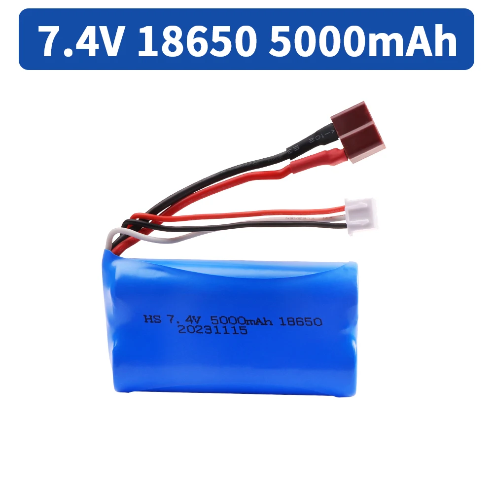 Upgrade baterai 7.4V 18650 5000MAH untuk mobil listrik, suku cadang mobil RC Wltoys 10428/12428/12423 / Q46 dengan pengisi daya 7.4V colokan T