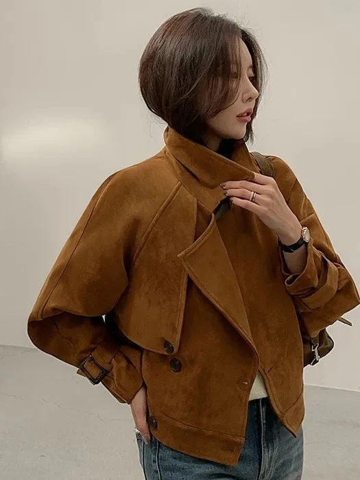

Retro Flip Collar ort Suede Coat Women's Ele Double Breasted Windbreaker Jaet Autumn Winter Commute Straight Cut Long...