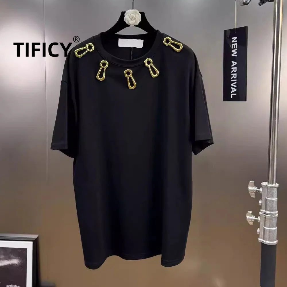 High Street Tees Tshirt Tops New Round Neck Short Sleeved Hollow Heavy Metal Decoration Extremely Versatile Loose T-shirt