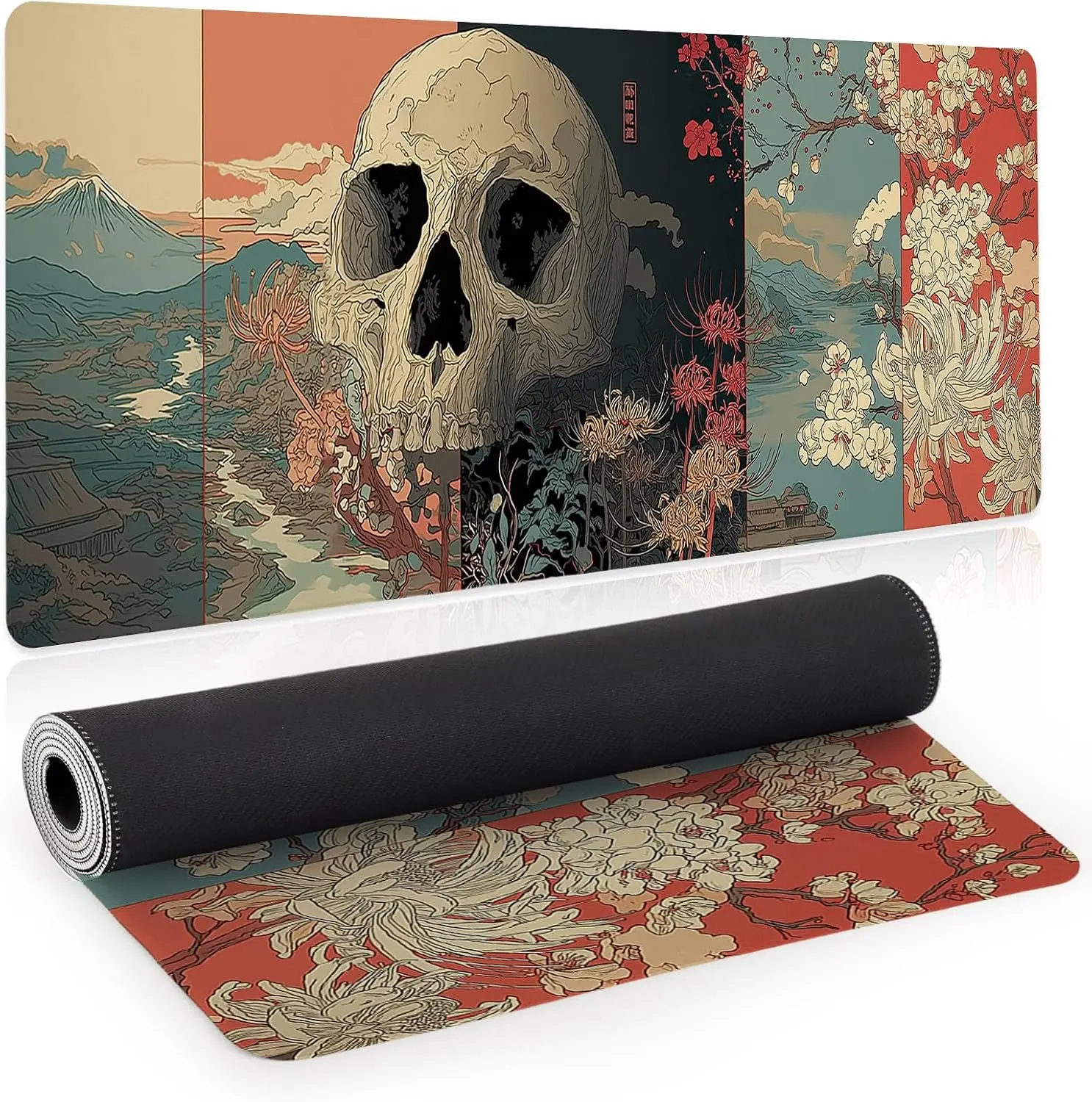 Retro Asian Art Mouse Pad, Skull Mountain Blossom Split Panel Pattern Non Slip Desk Mat for Gamers Office Home Keyboard Decor