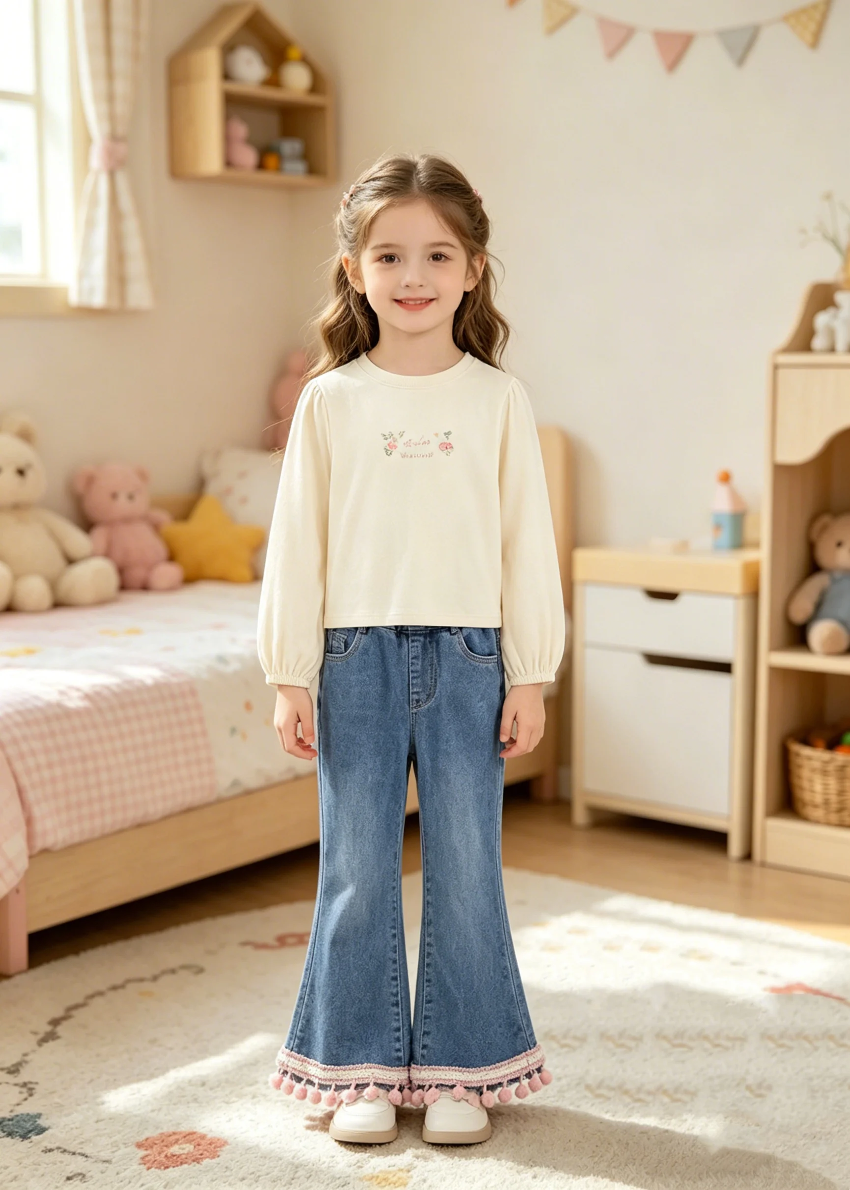Girls Sweet Fringe Tassel Wide Leg Denim Jeans Soft New Style Baby Girl Long Pants Children's Fashion Casual Kids' Clothing