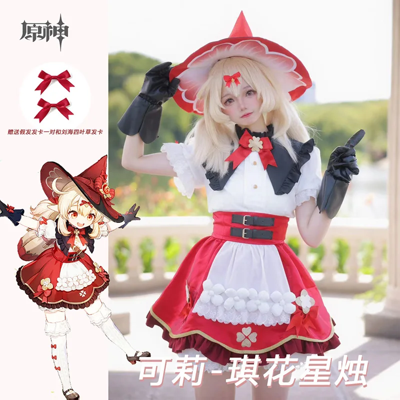 In Stock Klee Cosplay Flower Star Candle Cos Game dress With Cute Witch hat Genshin Impact Costume Uniform women suit