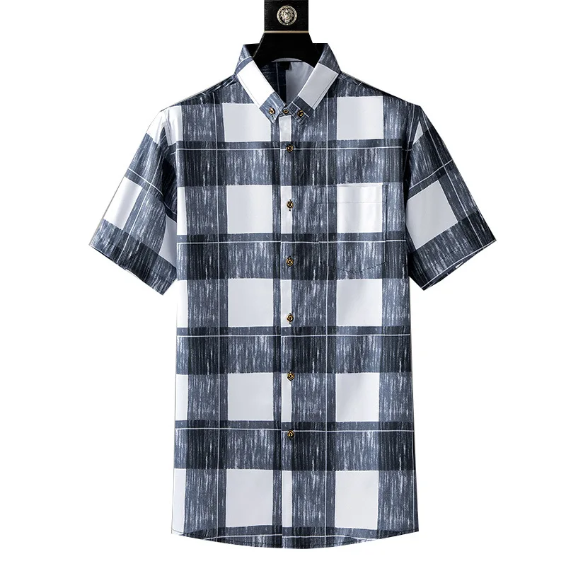 Tide summer plus 8XL yards men's plaid short-sleeved shirt daily casual hundred trendy youth loose shirt thin section 150kg