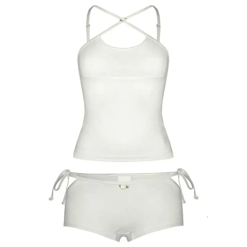 

Женские короткие комплекты из 2 предметов, летние шикарные топы на бретельках с открытой спиной и бандажные шорты с вырезами, клубная уличная модная одежда