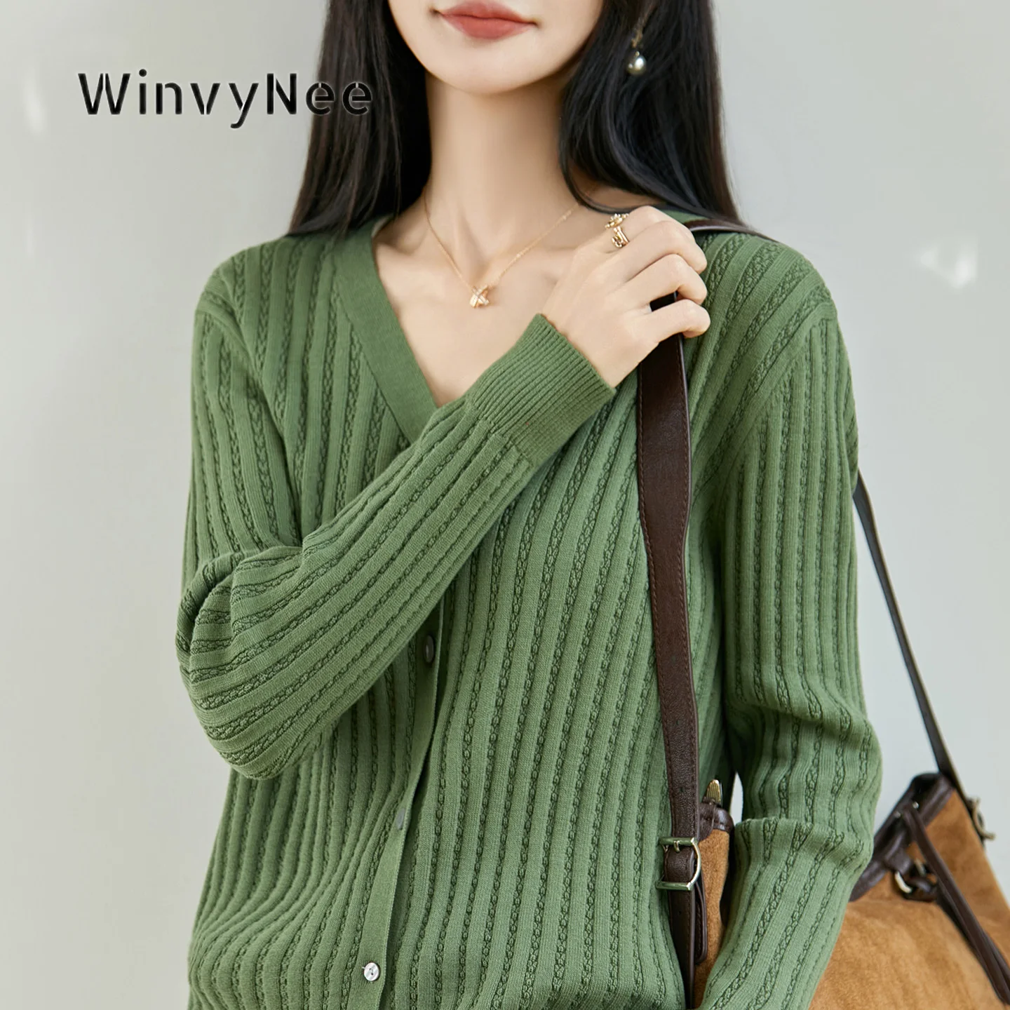 WinvyNee Women Cardigan Sweater 100% Cotton Jacquard Ribbed V‑Neck Button Front Comfort Casual Daily Layering Apparel ZB1092025