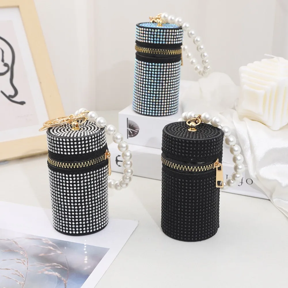 Portable Rhinestone Lipstick Bag with Keychain Cylindrical Coin Purse Zipper Mini Coin Bag