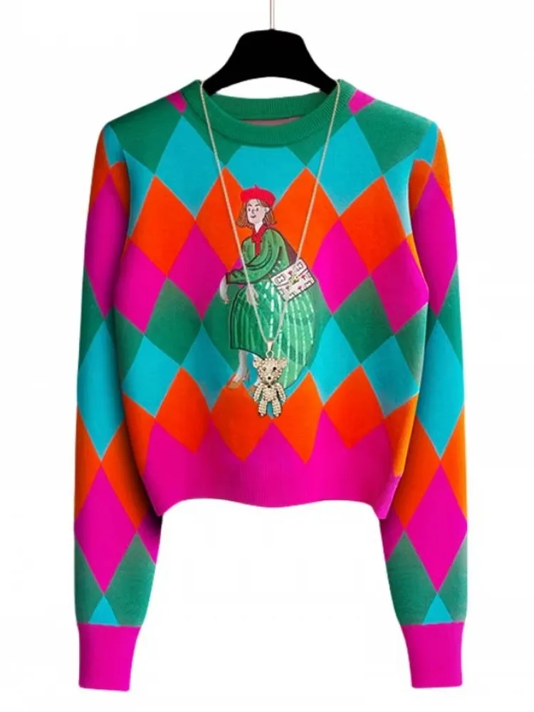 الفرنسية التطريز الترتر متماسكة البلوز سترة ملابس حريمي موضة كم طويل تريكو القمم البلوز