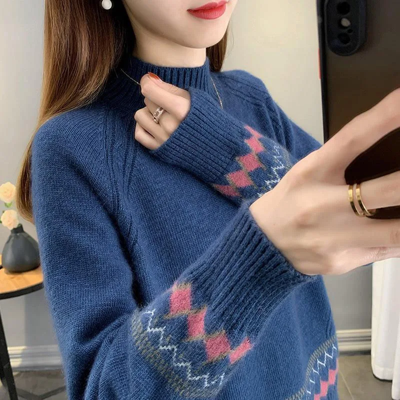 New Autumn/Winter Korean Edition Lazy Colored Jacquard Half High Neck Loose and Versatile Western Style Slimming Knitted Sweater