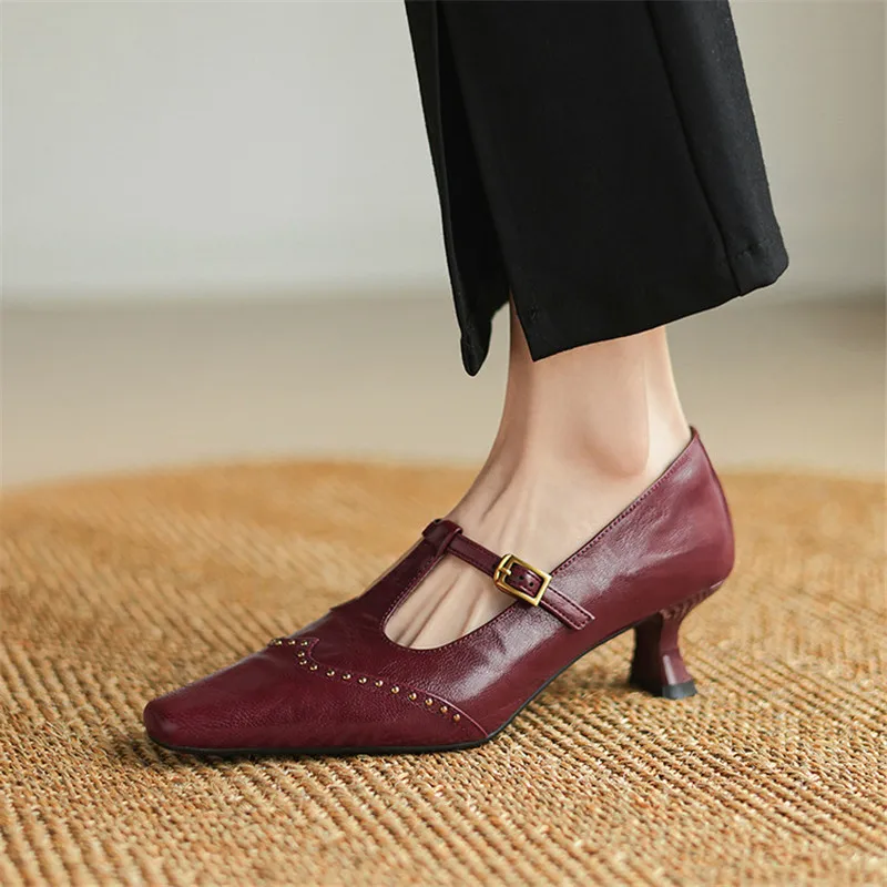 

New Spring/Summer Genuine Leather Women Pumps Shoes for Women Fashion Rivet Square Toe Mary Jane Shoes Women Handmade High Heels