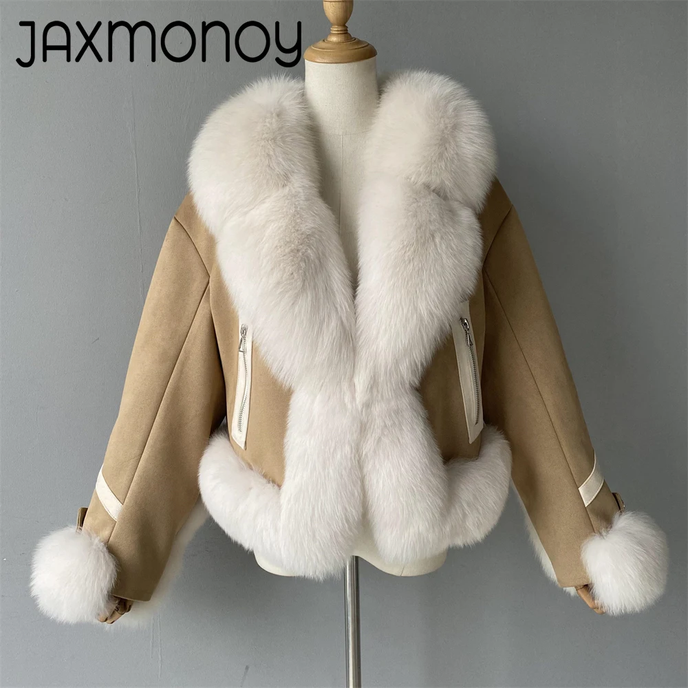 Jaxmonoy femmes hiver doudoune d'oie naturel fourrure de renard garniture courte doudoune manteaux dames épais chaud nouveau dans les vêtements d'extérieur 2024