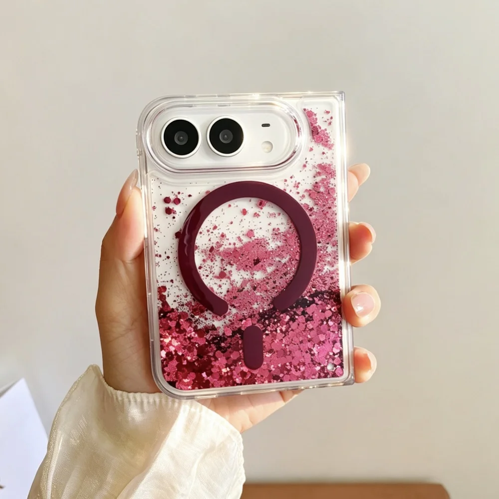 Funda de arena movediza líquida para iPhone Duo, con diseño magnético, plegable, de TPU, resistente a los golpes, con purpurina y brillo, y compatible con carga inalámbrica.
