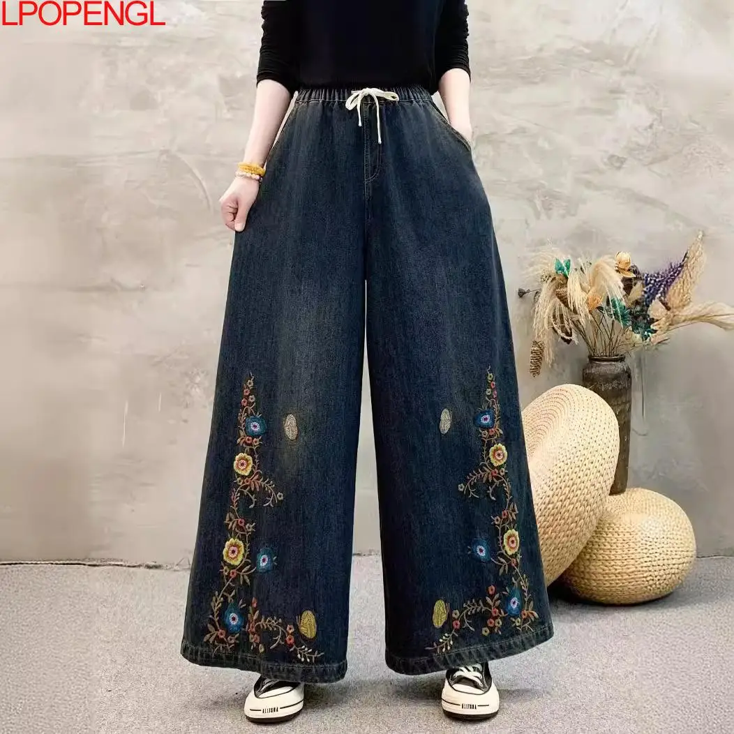 

New Autumn Ethnic Style Woman 2024 Vintage Embroidery Floral Elastic Waist Loose Wide-leg Pants Long Drawstring Straight Jeans