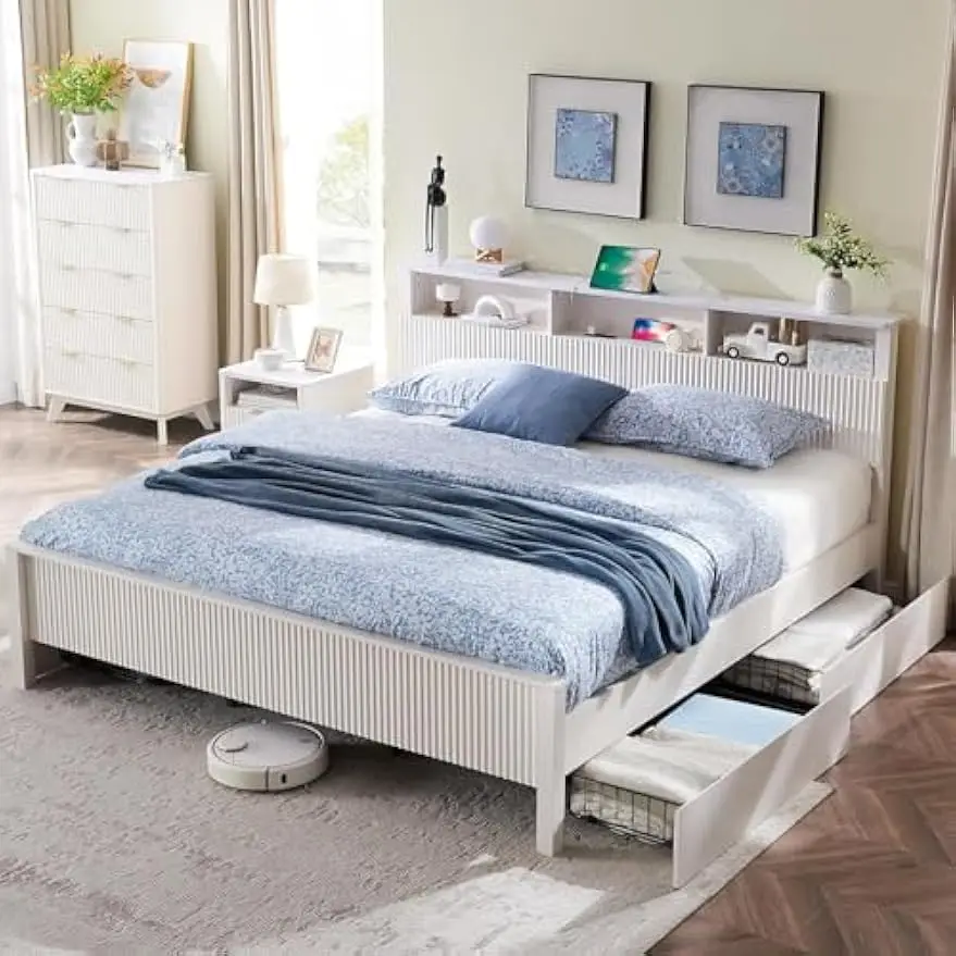 Fluted Queen Bed Frame with Bookcase Headboard, Charging Station & 4 Drawers, Solid White