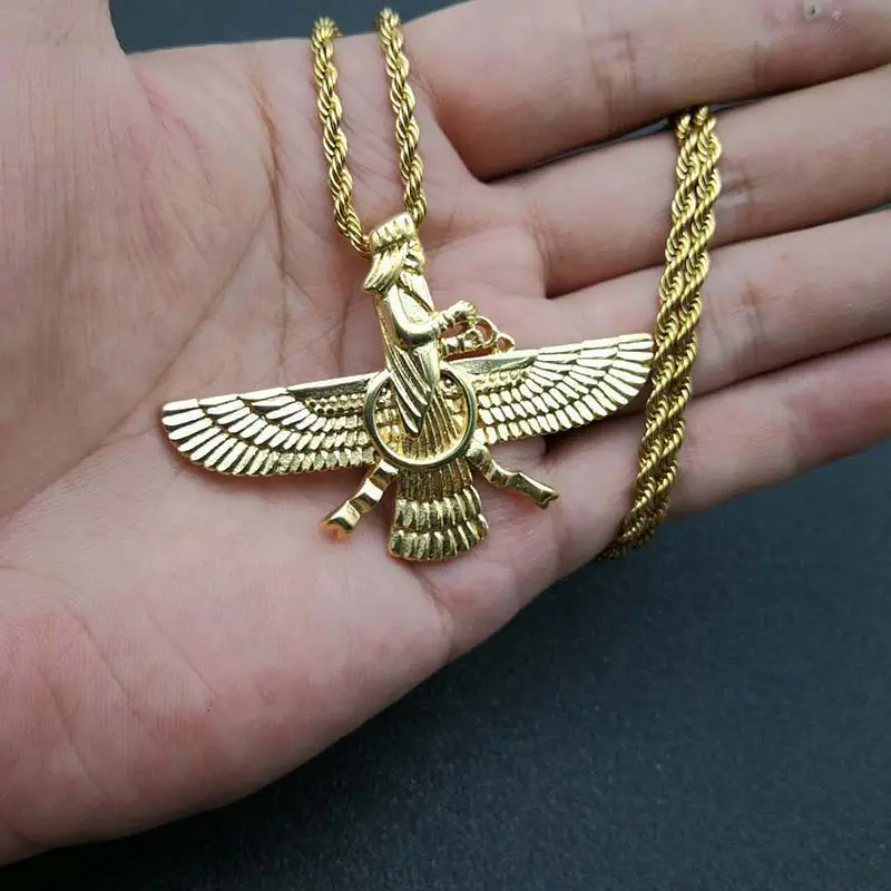 Vintage Punk Style Iran Faravahar Ahura Mazda Pendants Necklaces for Men Women 316L Stainless Steel Zoroastrian Jewelry Gift