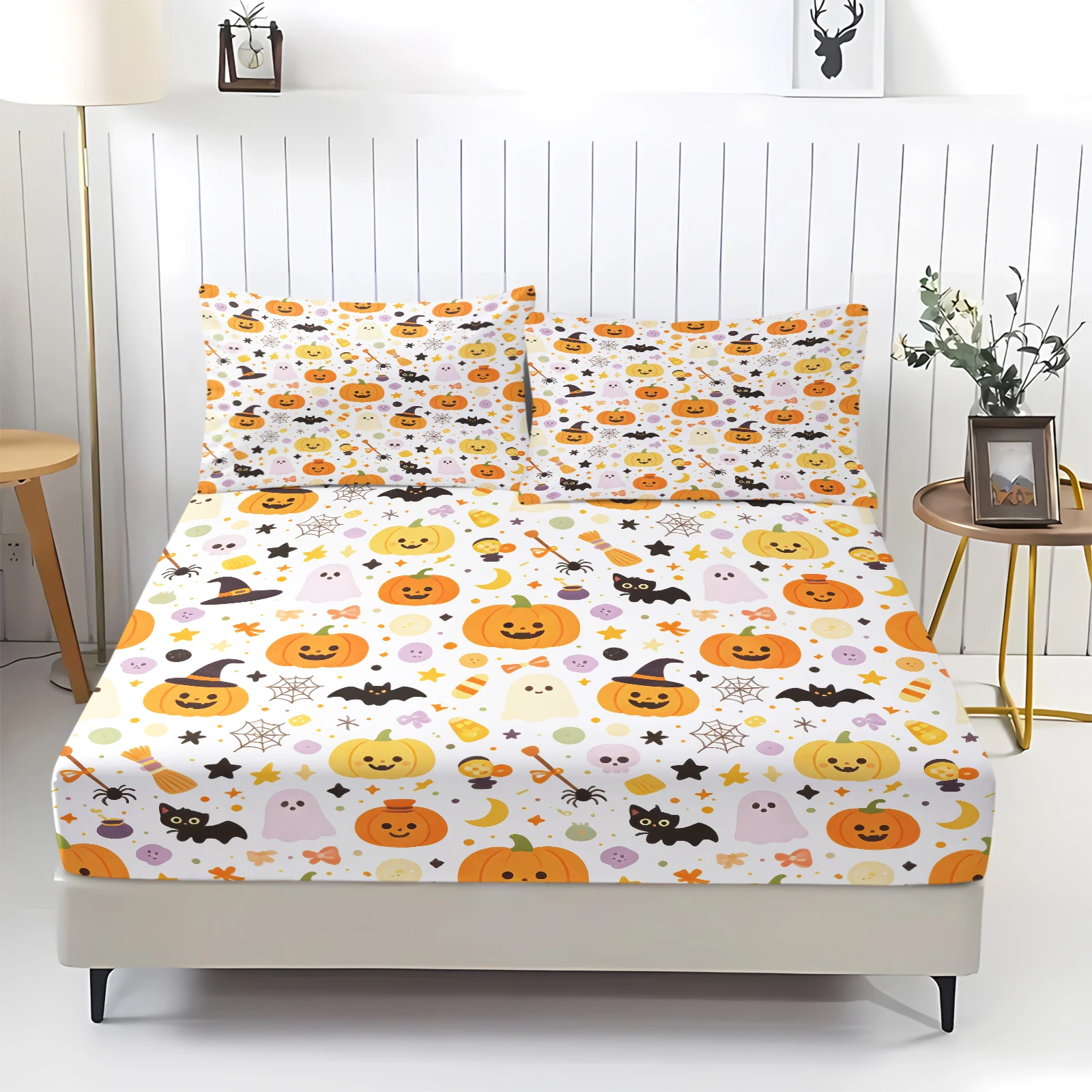 Cute Halloween Fitted Sheet Set Cartoon Pumpkin Ghost Candy Spider Pattern Soft Elastic Deep Pocket Bed Sheet With Pillowcases