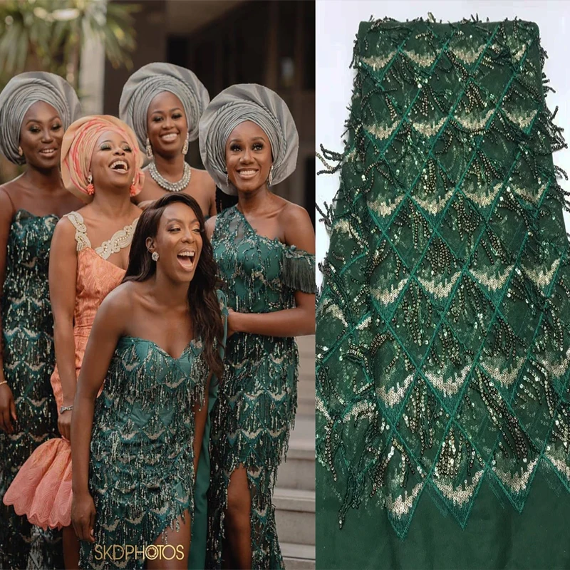 

Latest Green African Lace Fabric 2024 High Quality Lace French Milk Silk Lace Fabric with Sequins Nigeria Party Dress