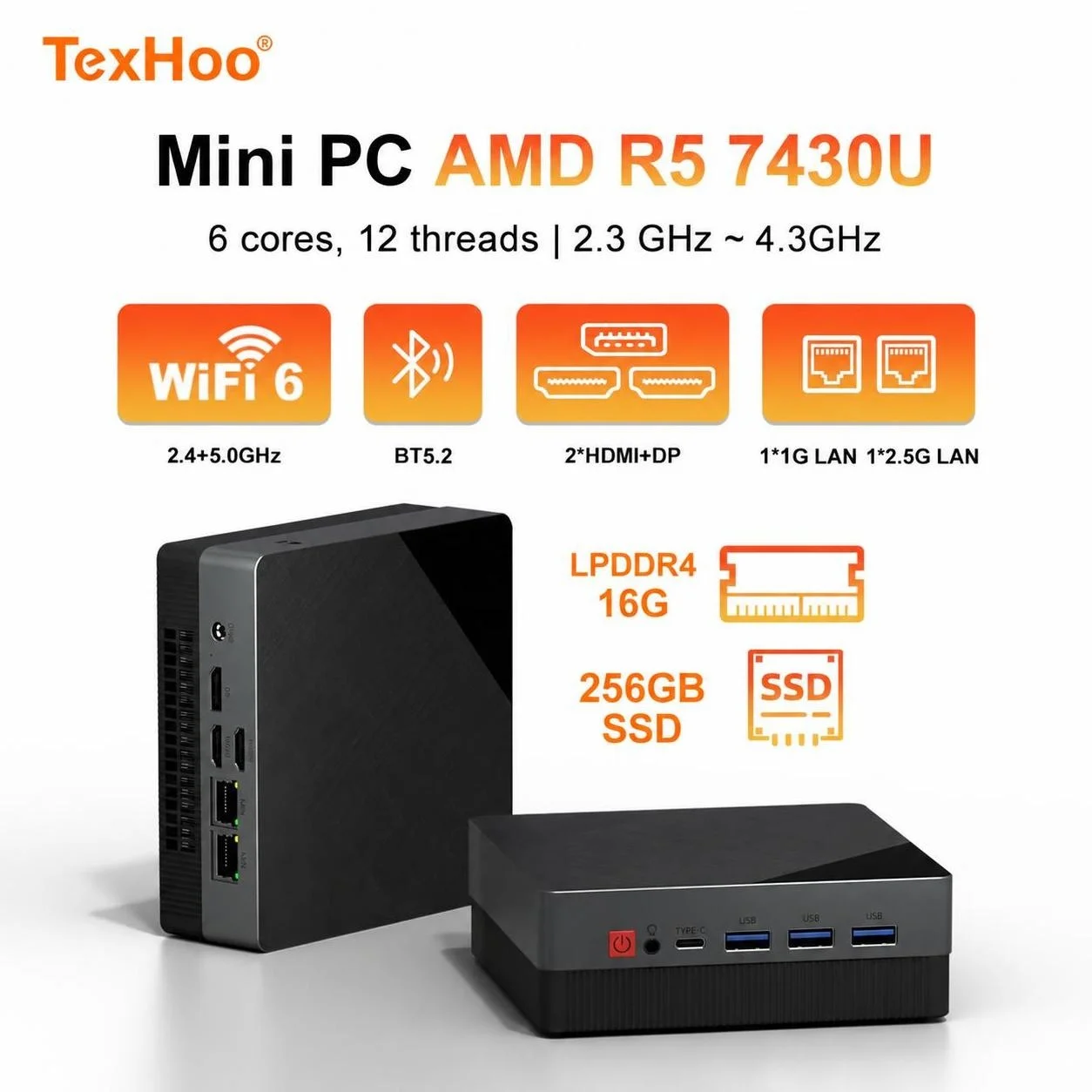 텍후 미니 PC, 라이젠 5 7430U 4.3GHz, LPDDR4 16GB, 512GB SSD, Wi-Fi 6, 블루투스 5.2, 윈도우 11, LAN 포트 2개, HDMI 포트 2개, 듀얼 4K 디스플레이 지원 데스크톱 컴퓨터