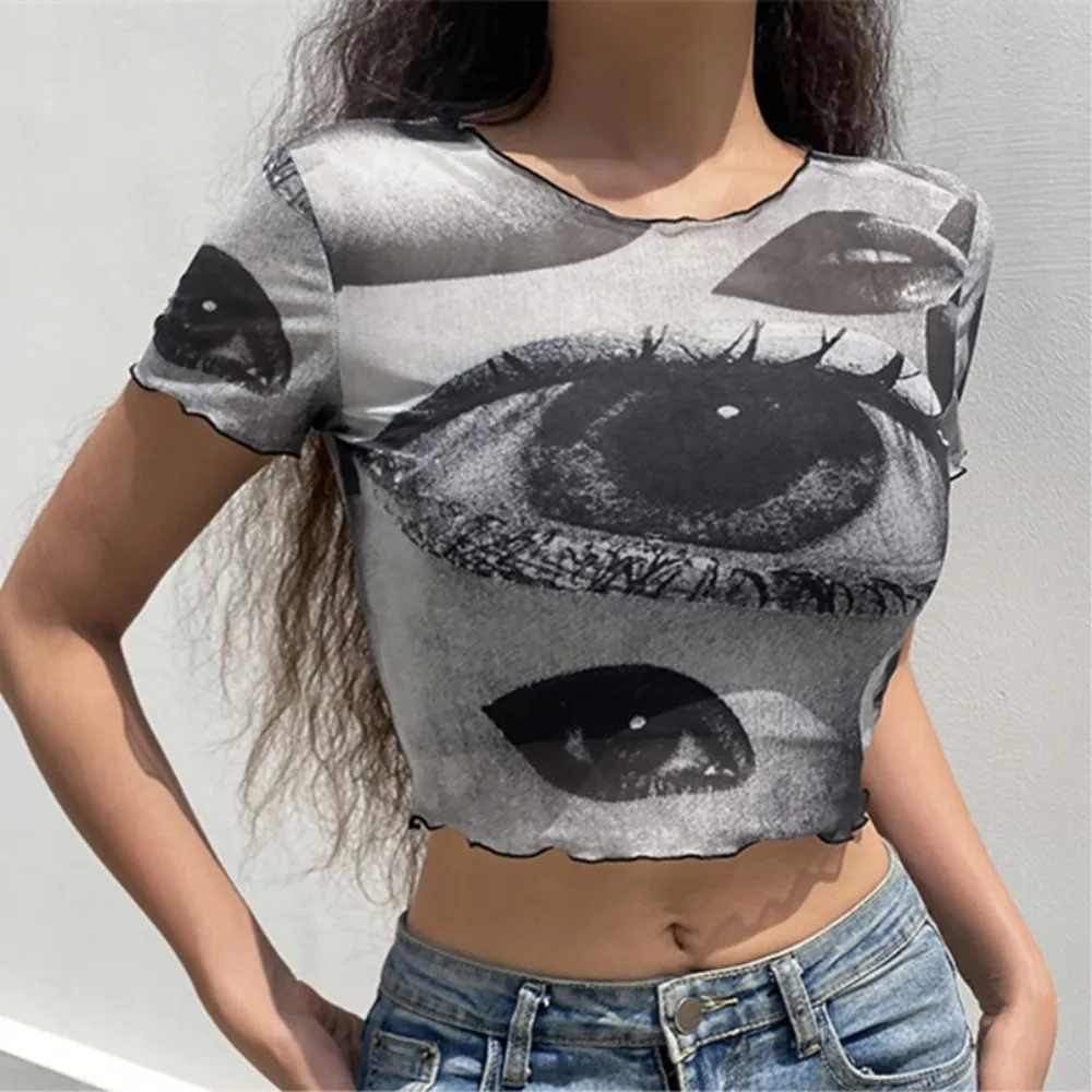 Women Summer Funny Eye Print Short Sleeve Crop Top Tee Graphic Cute T-Shirt