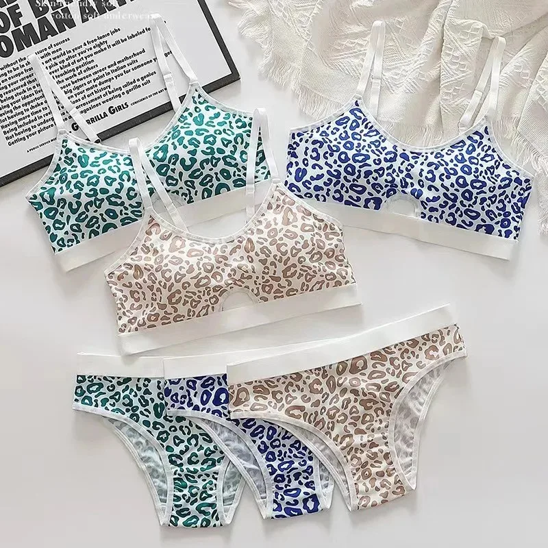 1-4pcs Summer Set New Women's Leopard Print Traceless and Steel Rim Bra Adjustable Shoulder Strap Back Women's Underwear Set