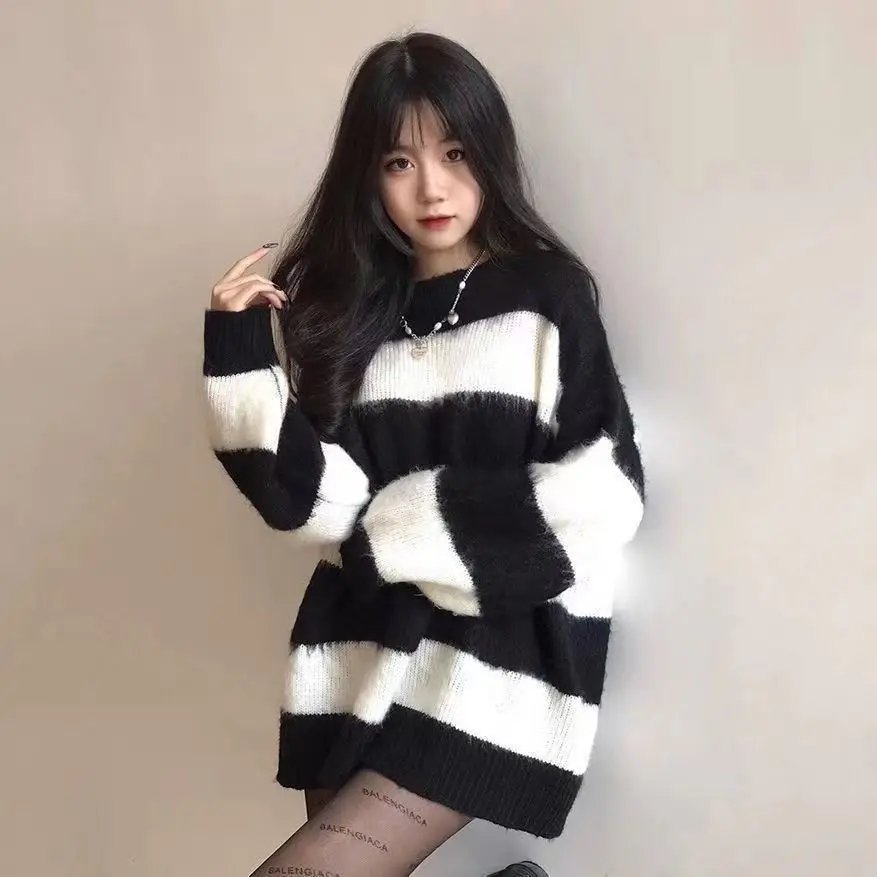 

Girl Top New Autumn Winter Korean Fashion Style Striped Sweater Girls Loose Mid Length Long Sleeve Sweater Top Children Clothes