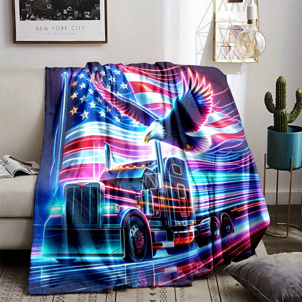 American Flag Truck Throw Blanket - Digital Print, Reversible, All Seasons, 200-250g, 100% Polyester, No Embellishments, Perfect
