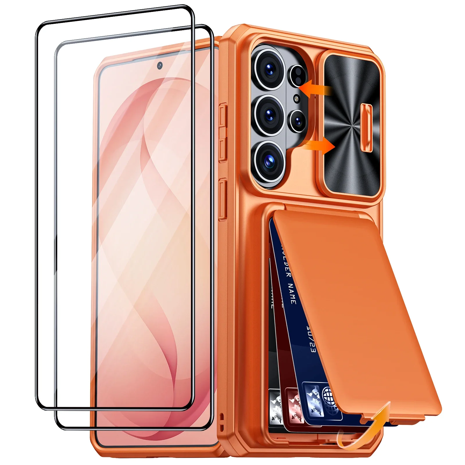 For Samsung Galaxy S26 Ultra With Card Holder Sliding Camera Cover And Stand Phone Case, Anti-Fall PC+TPU Wallet Case-Orange