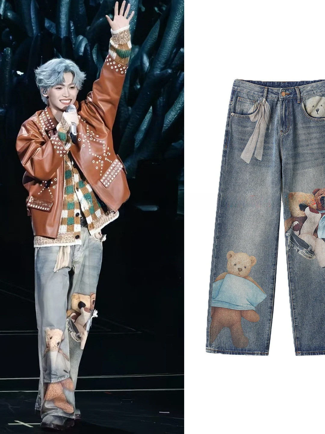 Calças Jeans Vintage Soltas de Perna Reta com Estampa 3D de Urso em Spray Direto para Homens e Mulheres, Jeans de Algodão par...