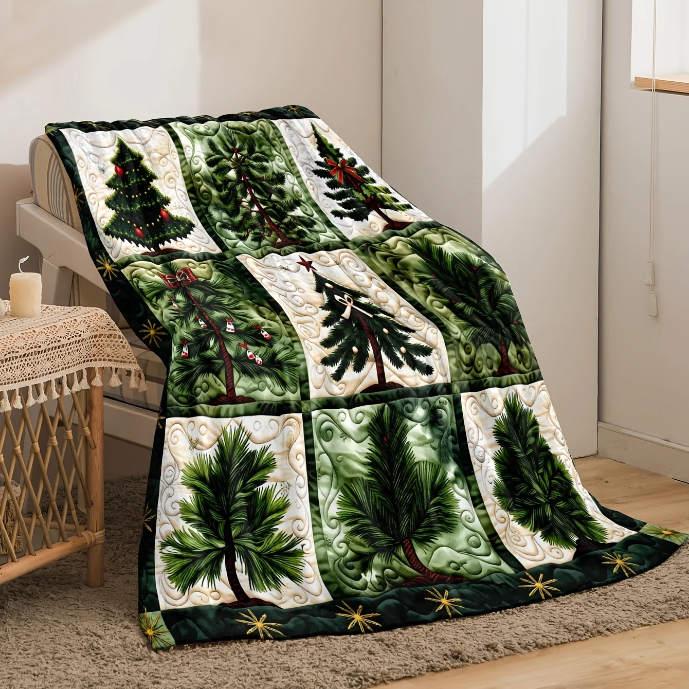 1pc Digital Printing Retro Christmas Tree Patchwork Overlap Cushion Cover, Green Christmas Tree Holiday Pattern Decorative Cover