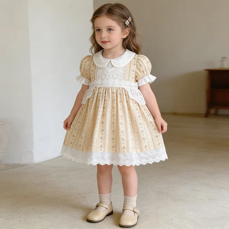

Girls Lace Splice Floral Puff Sleeve Korean Cute Lolita Princess Dress For Toddler Baby Girls Soft Breathable Casual Daily Wear