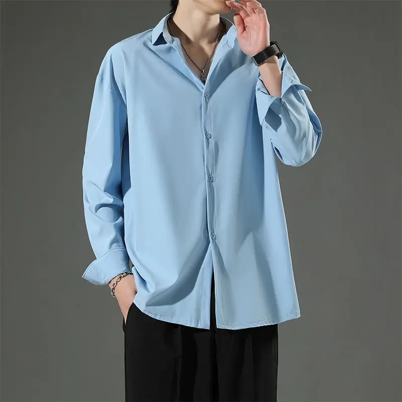 Men's Solid Color Long Sleeved Shirt Spring Summer Business Leisure No Ironing Hanging Feeling Fashionable Elastic Top