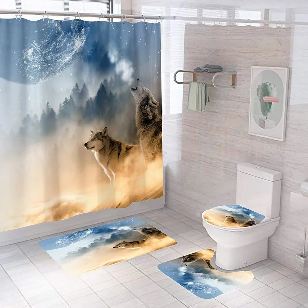 Wildlife Gray Wolves Shower Curtain Set With Rug Art Black White Wolf Bath Curtains Non-Slip Bathroom Decor Mat Toilet Lid Cover