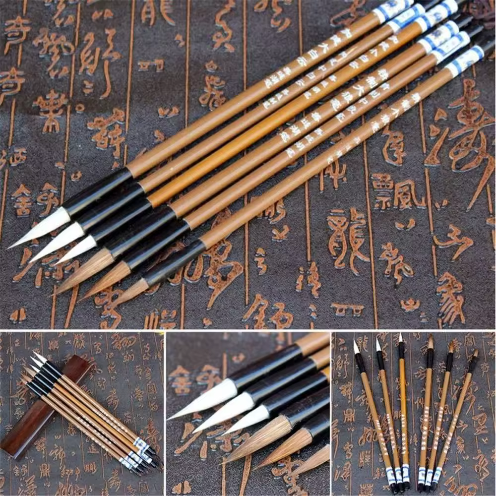 6Pcs/Set Bamboo Calligraphy Brush Clouds White Wolf's Hair Painting Brush Traditional Chinese Calligraphy Practice Writing Brush