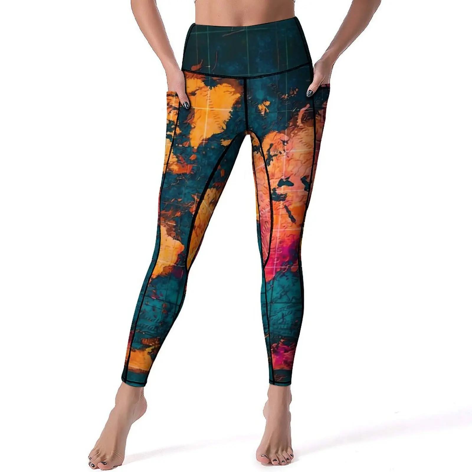 

World Map Art Series Yoga Pants Pockets Old Map Leggings Sexy High Waist Yoga Sports Tights Quick-Dry Design Workout Leggins