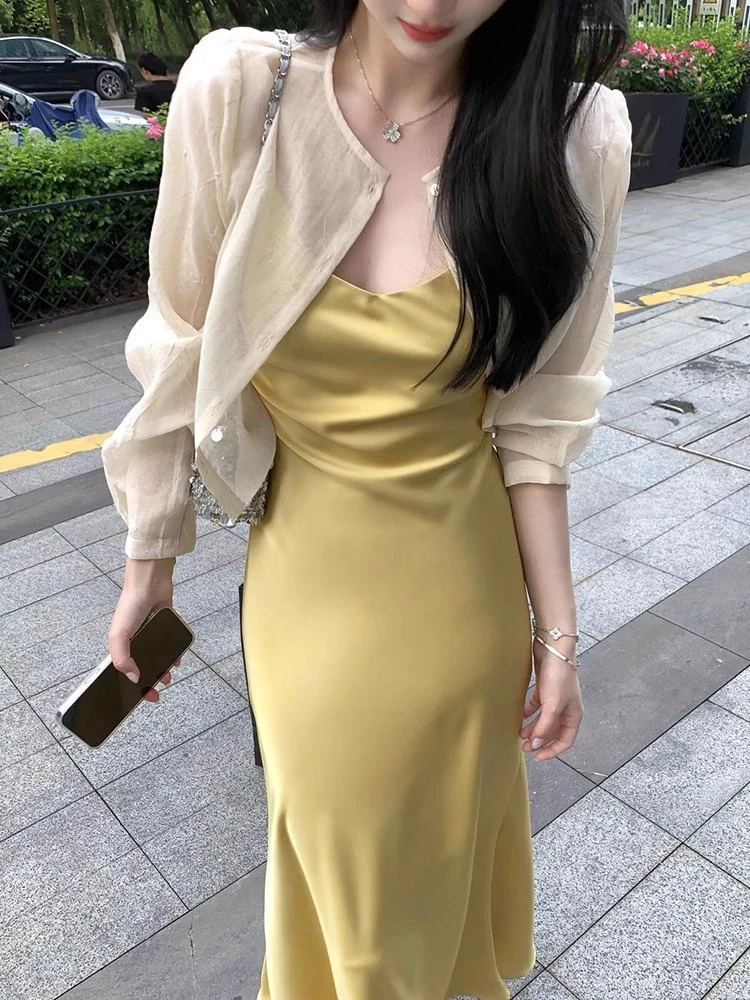 Lightweight Silk Sun Protection Cardigan Women's Summer Thin Style Skirt Matching Strap Outer Shawl Chiffon Shirt Thin Cloth Top