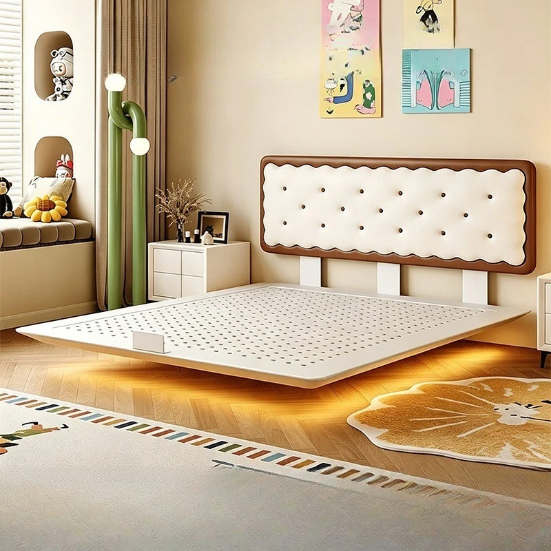 Cream wind bed 2026 new biscuit bed suspension bed ultra-thin bedside leather  storage carbon steel