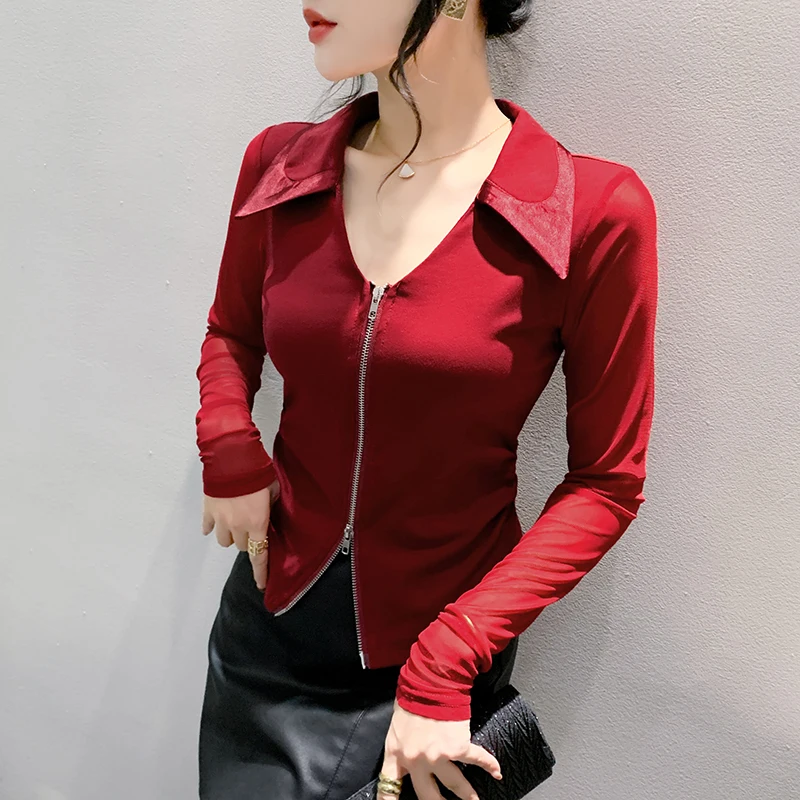 2024 New Spring European Clothes T-Shirt Chic Spliced Sexy Zipper Cardigan Women\'s Tops Long Sleeve Bottoming Shirt Tees 42019