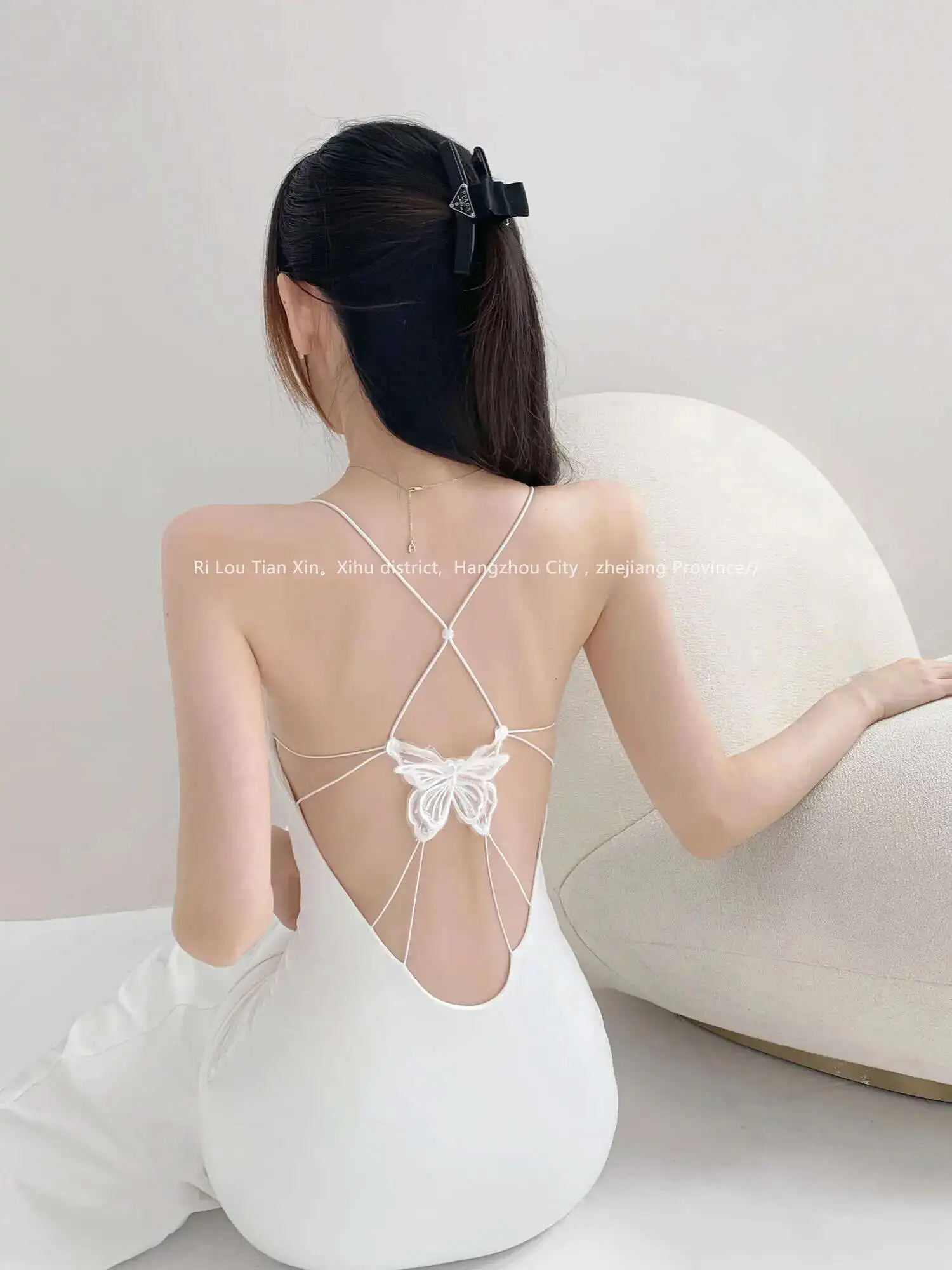 New 2024 Summer Sexy Design Sense Butterfly Backless Lace Splicing Sling Long Dress Women Low Neck High Waisted Slim Dress S007