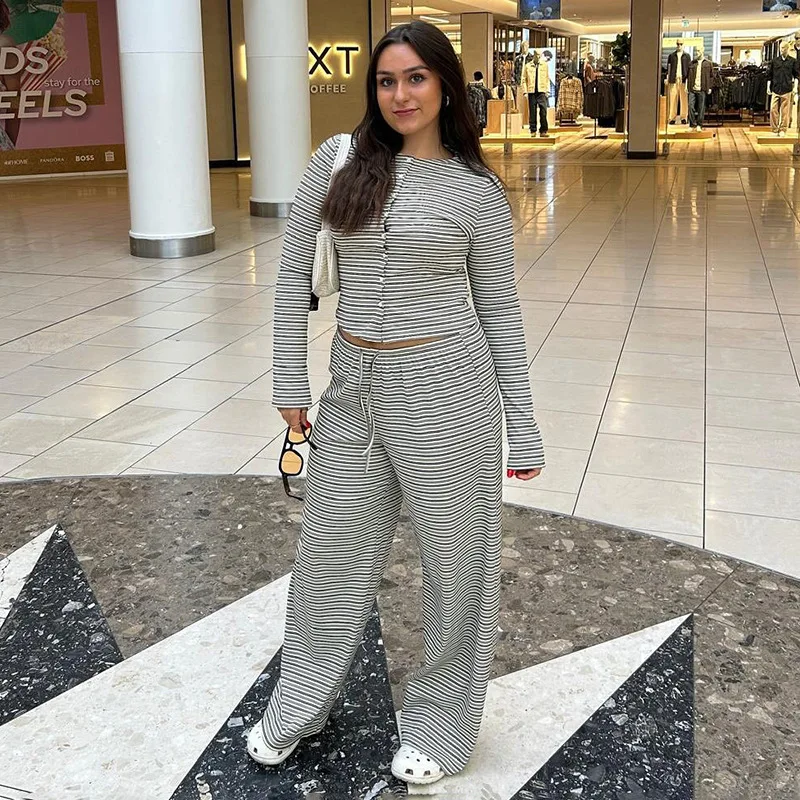 

Bangniweigou stripe single-breasted long-sleeve top with drawstring trousers two-piece set autumn women's clothing lounge wear