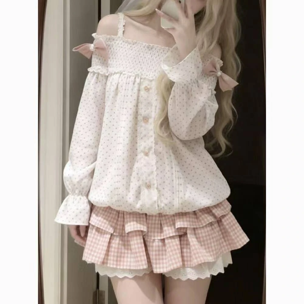 Japanese Retro Sweet Suits Women Lolita Ruffle Tops Bow Mini Skirt 2 Piece Sets Y2k Kawaii Cute Casual Fashion Outwear view 3