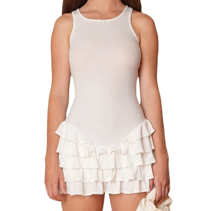 Vestido doce europeu e americano de cor pura para mulheres, sem mangas em volta do pescoço, camadas empilhadas, saia curta com borda plissada, picante