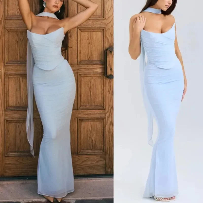 Sexy Mesh Slim 2 Piece Sets Women Neckerchief Strapless Crop Bodycon Tops And Maxi Skirt Set 2024 Elegant Club Party Guest Dress