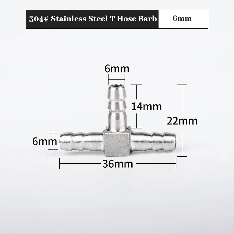 T6 Hose Barb 304 Stainless Steel Hose Tail Barb Connectors 6mm T Type Pagoda Tail Barb Connector