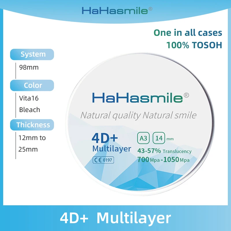 

HaHasmile 4D+ 100% Tosoh Multilayer Zirconia Block 98mm A3Zirconia Disc Restoration Ceramics Material Dental Laboratory Fixed