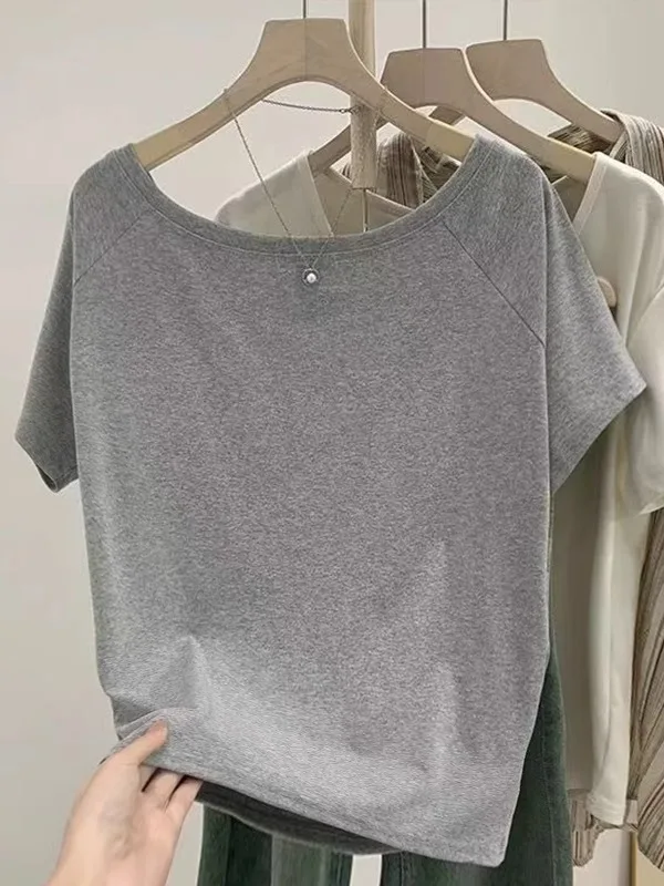 Summer New Style Shoulder Bared Short Sleeve T Shirt Women Loose Slimming Versatile Design Small Size Top Combed Cotton Material