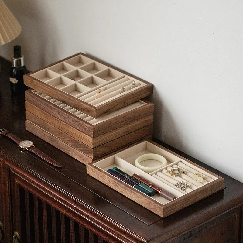 

‌Luxury Black Walnut Jewelry Display Box Velvet Ring Earring Tray Necklace Holder Stand Premium Boutique Decor Gift for Home