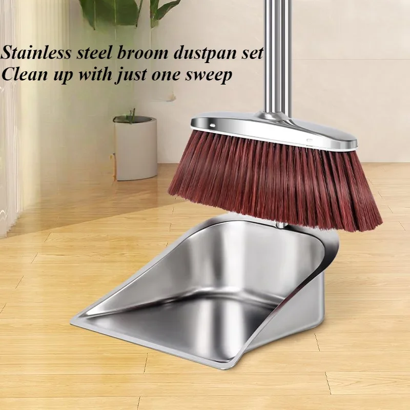 Two Piece Dustpan Garbage Shovel Combination Broom Stainless Steel Set with Angle for Cleaning Corners, Simple Metal Broom Set