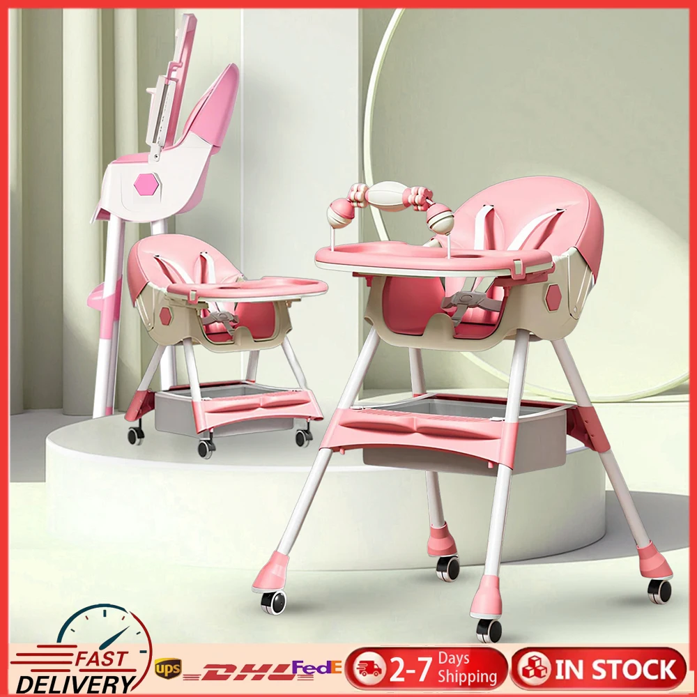 

Детский складной стульчик для кормления от 6 месяцев с игрушечной полкой, легко моется, с универсальными колесами и тормозом