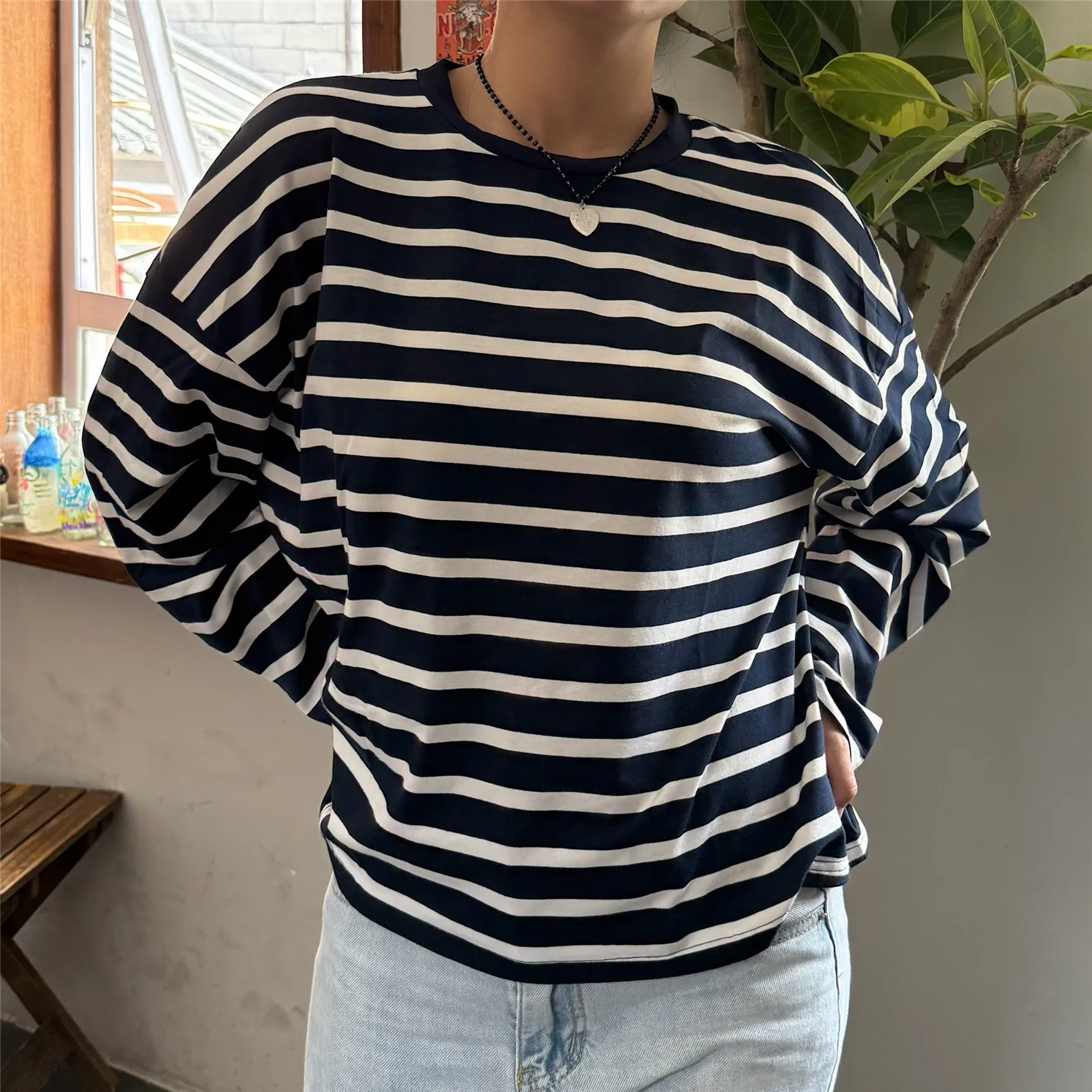 تي شيرت نسائي فضفاض أساسي بأكمام طويلة ورقبة مستديرة وخطوط مطبوعة تي شيرت بلوزات ربيع الخريف Y2K ملابس خروج عتيقة #4